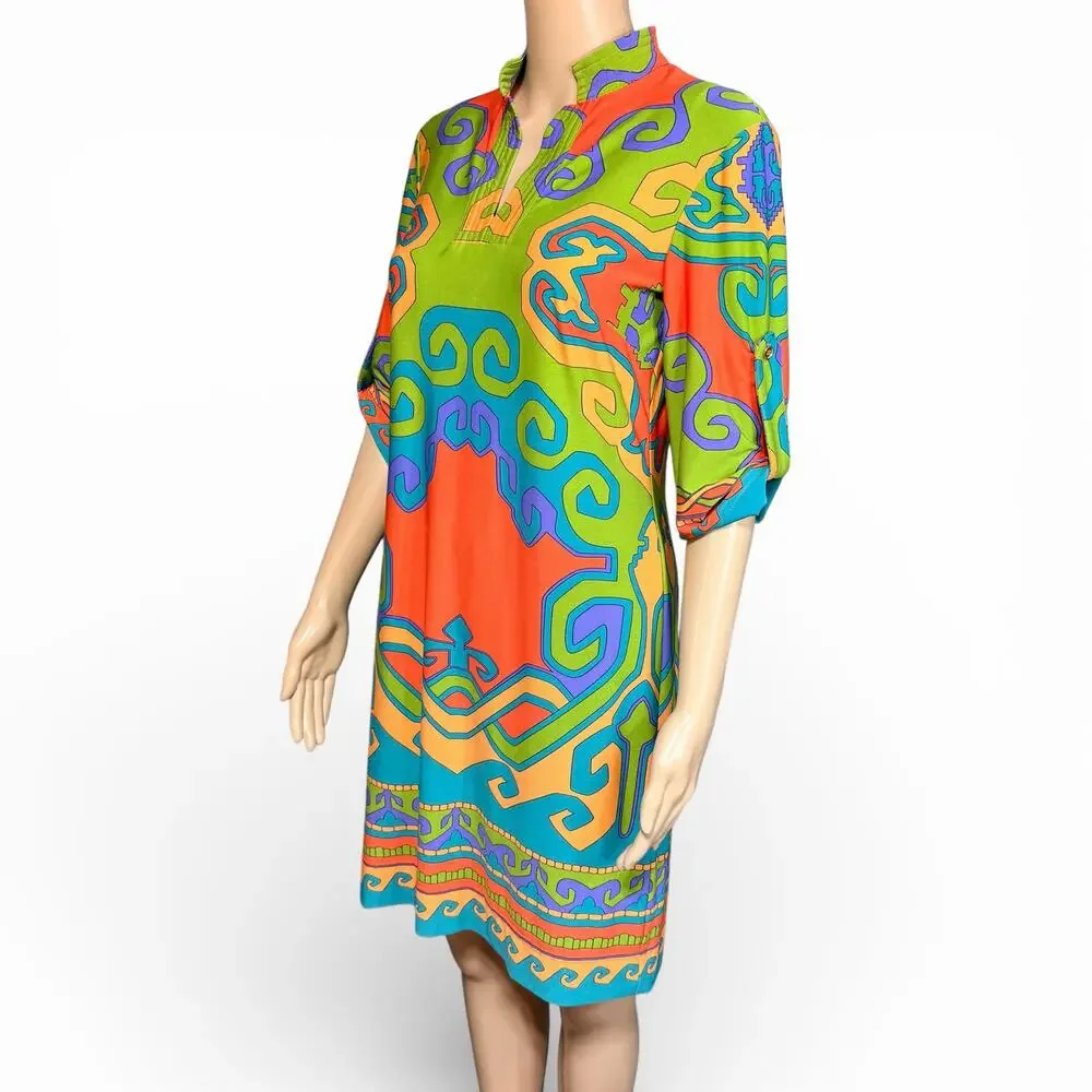 Donna Morgan Womens Tunic Shift Dress Retro Geo Print Pullover Green Orange Sz 6